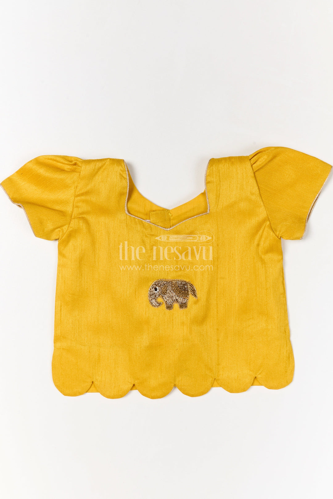 The Nesavu Pattu Pavadai Toddler Girl Pattu Pavadai with Raw Silk Yoke and Art Silk Skirt for Celebration Nesavu Nesavu toddler girl pattu pavadai with raw silk yoke and semi Banaras art silk skirt for family functions