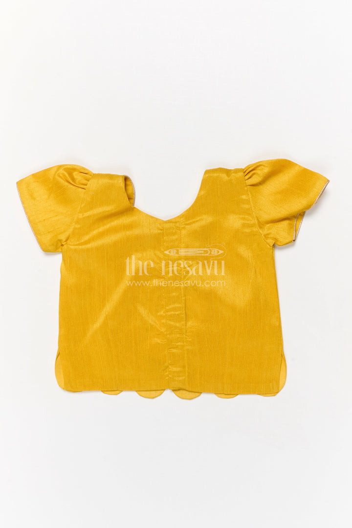 The Nesavu Pattu Pavadai Toddler Girl Pattu Pavadai with Raw Silk Yoke and Art Silk Skirt for Celebration Nesavu Nesavu toddler girl pattu pavadai with raw silk yoke and semi Banaras art silk skirt for family functions