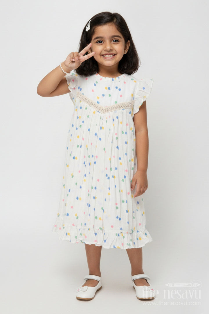 The Nesavu Girls Cotton Frock Toddler Girl Printed Muslin Cotton Frock for Summer and Everyday Comfort Nesavu 18 (2Y) / Half white GFC2034A-18 Nesavu toddler girl muslin cotton frock with heart prints for daily wear and comfort