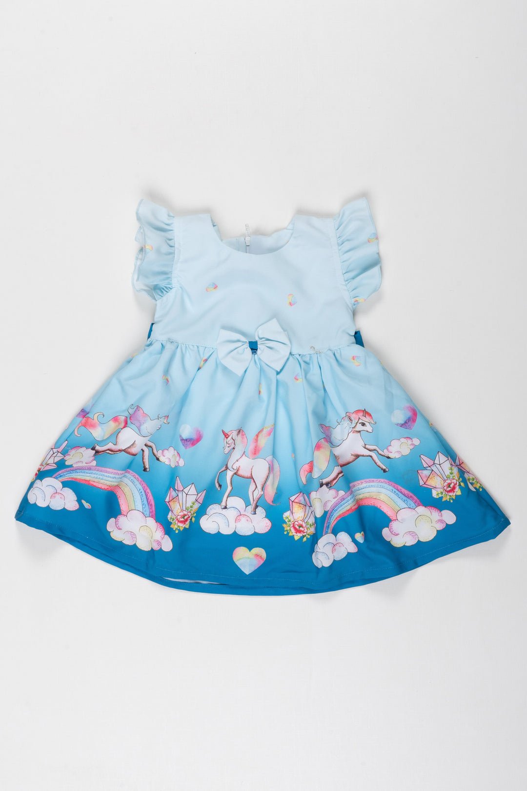 The Nesavu Baby Fancy Frock Toddler Girl's Enchanted Unicorn and Rainbow Dress with Bow Detail Nesavu 14 (6M) / Blue / Poly Crepe BFJ539B-14 Charming Unicorn Rainbow Dress for Toddlers | A Fairytale Ensemble | The Nesavu