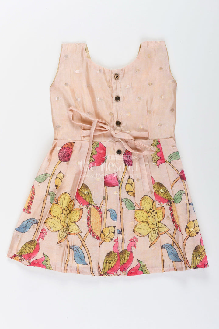 The Nesavu Silk Frock Toddler Girl Semi Silk Frock with Lotus Print for Weddings and Functions Nesavu 16 (1Y) / Cream SF1068B-16 Nesavu toddler girl silk frock vibrant lotus print zari detailing weddings poojas