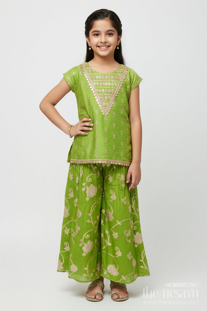 The Nesavu Girls Sharara / Plazo Set Toddler Girl Sharara Set for Weddings and Festive Occasions Nesavu 16 (1Y) / Green GPS791B-16 Nesavu toddler girl sharara set viscose silk weddings festive functions