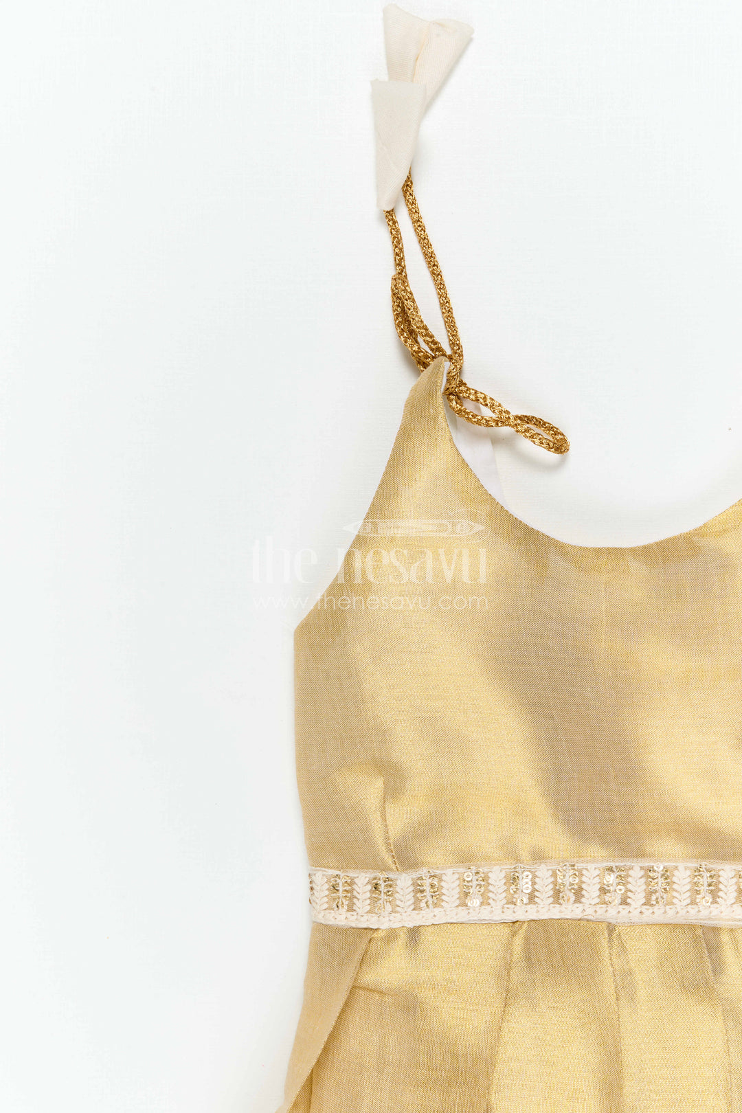 The Nesavu Tie-up Frock Toddler Girl Shimmer Frock for Festive Family Outings Nesavu 16 (1Y) / Gold / Tissue T435A-16 Nesavu Toddler Girl Tissue Silk Shimmer Frock With Tie Up Straps For Festive Occasions
