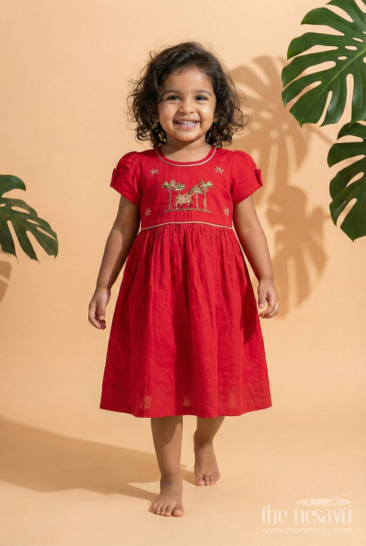 The Nesavu Girls Cotton Frock Toddler Girl Silk Blend Frock with Cow Embroidery for Festive Wear Nesavu 20 (3Y) / Pink GFC1947A-20 Nesavu toddler girl red silk blend frock with cow embroidery ideal for pujas and festive occasions