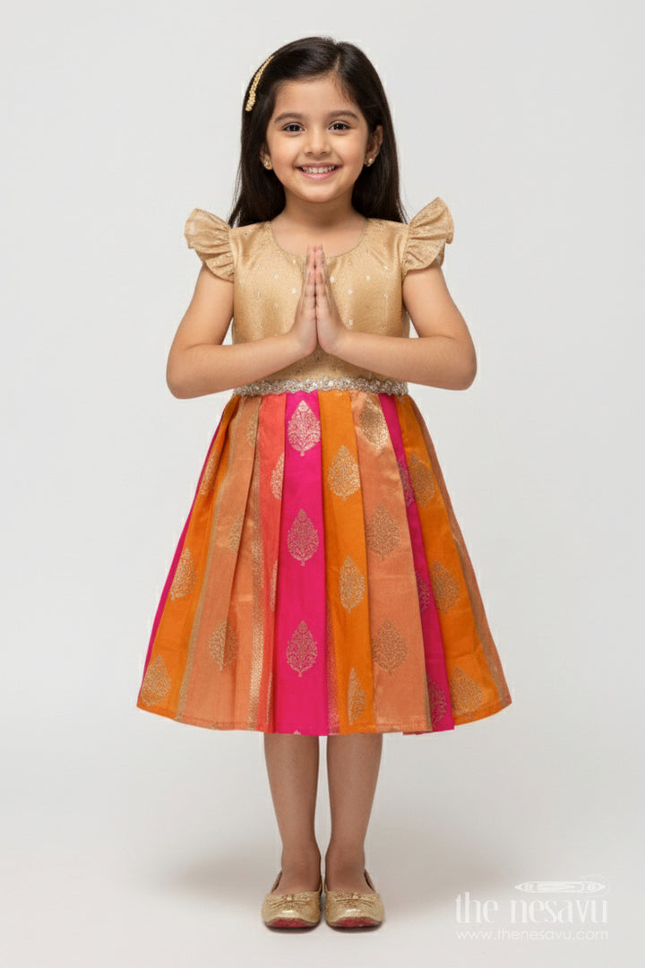 The Nesavu Silk Frock Toddler Girl Silk Frock for Poojas and Festive Dressing Nesavu 16 (1Y) / Gold SF1091B-16 Nesavu toddler girl silk frock with zari woven banaras fabric for poojas and festive functions