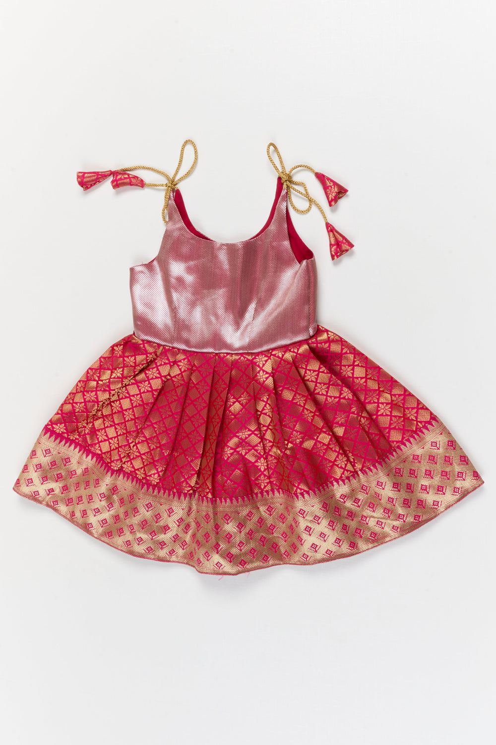 The Nesavu Tie-up Frock Toddler Girl Silk Frock with Banarasi Border for Festive Family Events Nesavu 16 (1Y) / Pink / Banarasi T427A-16 Nesavu toddler girl banaras silk frock with tie-up straps and zari border for celebrations