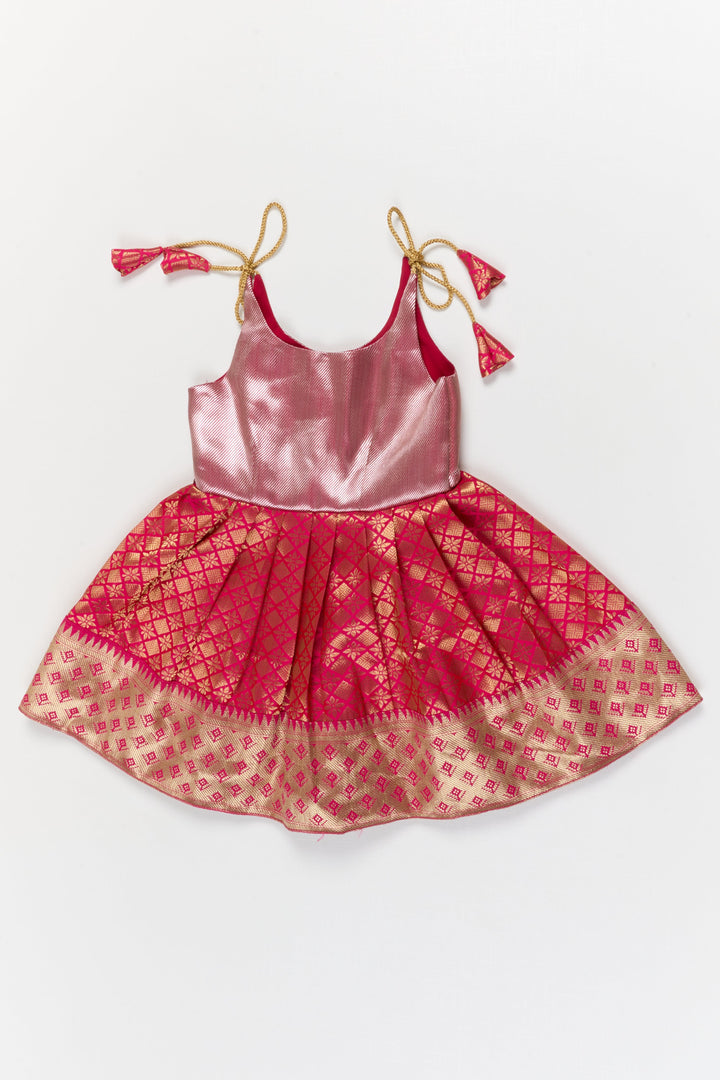 The Nesavu Tie-up Frock Toddler Girl Silk Frock with Banarasi Border for Festive Family Events Nesavu 16 (1Y) / Pink / Banarasi T427A-16 Nesavu toddler girl banaras silk frock with tie-up straps and zari border for celebrations
