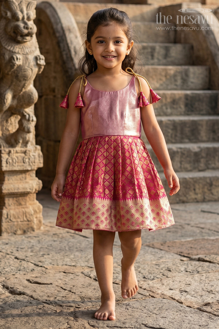 The Nesavu Tie-up Frock Toddler Girl Silk Frock with Banarasi Border for Festive Family Events Nesavu 16 (1Y) / Pink / Banarasi T427A-16 Nesavu toddler girl banaras silk frock with tie-up straps and zari border for celebrations