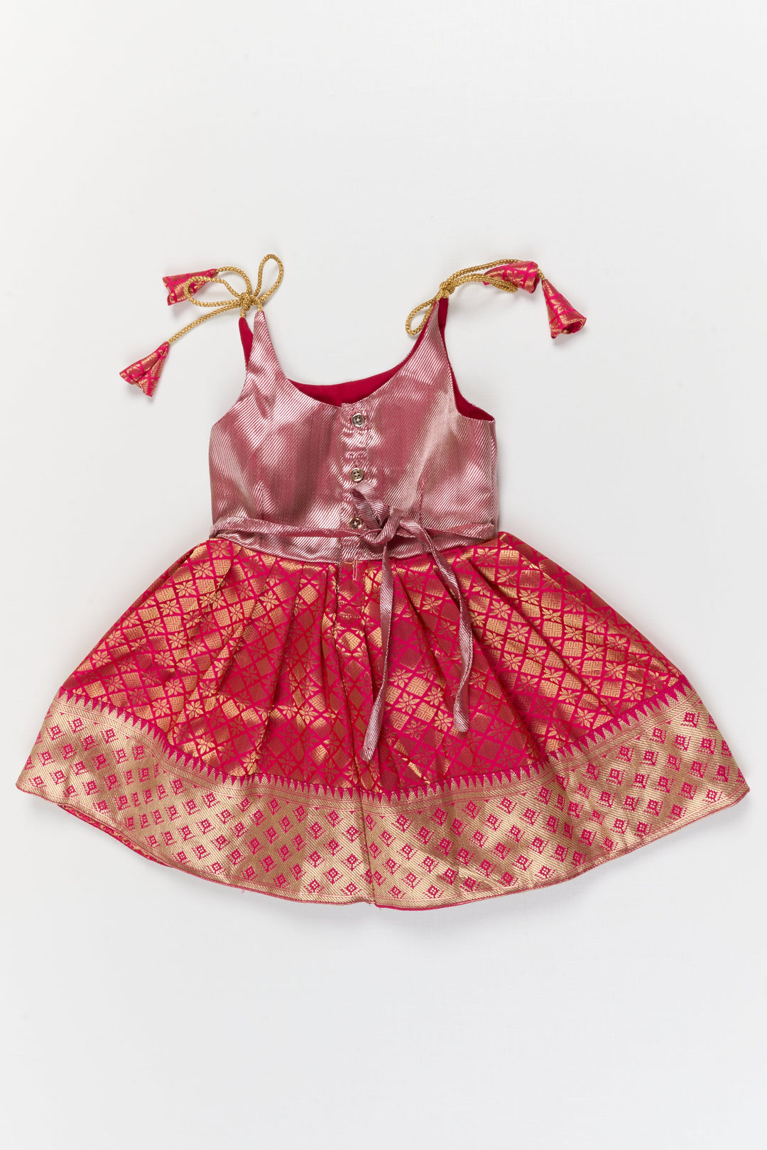 The Nesavu Tie-up Frock Toddler Girl Silk Frock with Banarasi Border for Festive Family Events Nesavu Nesavu toddler girl banaras silk frock with tie-up straps and zari border for celebrations