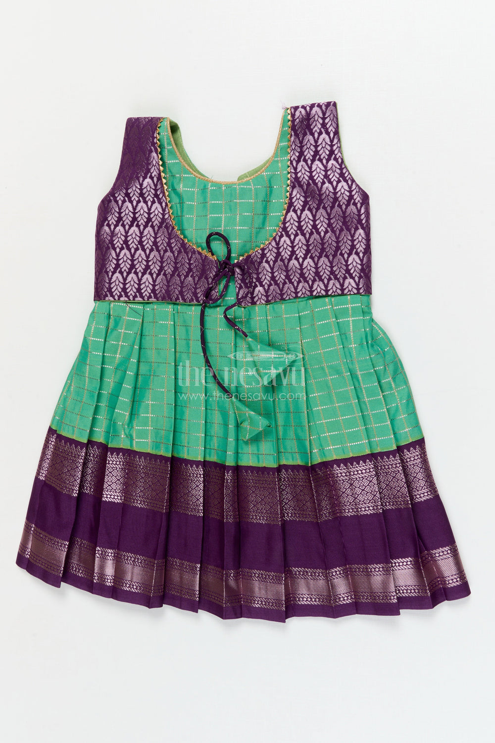 The Nesavu Girls Kanchi Silk Frock Toddler Girl Silk Frock with Bridal Saree Style for Weddings and Festivals Nesavu 10 (NB) / Green / style 1 KSF003BA-10 Nesavu toddler girl silk frock with Dharmavaram bridal saree inspired zari border design