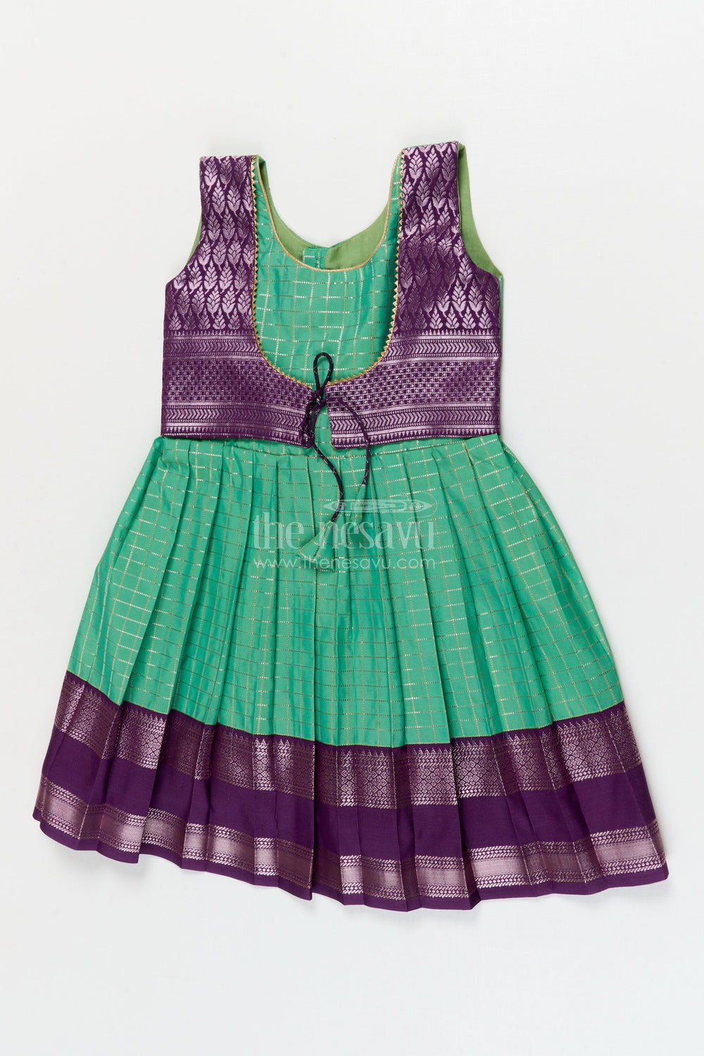 The Nesavu Girls Kanchi Silk Frock Toddler Girl Silk Frock with Bridal Saree Style for Weddings and Festivals Nesavu 10 (NB) / Green / style 2 KSF003BB-10 Nesavu toddler girl silk frock with Dharmavaram bridal saree inspired zari border design