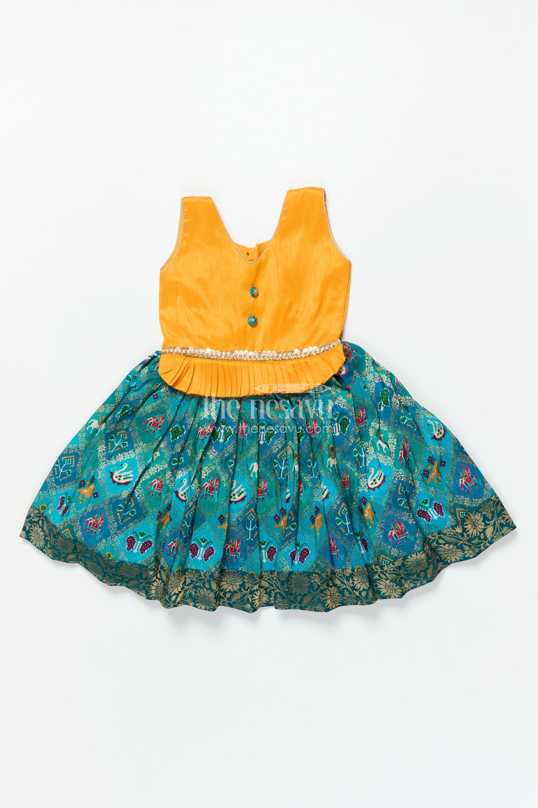 The Nesavu Silk Frock Toddler Girl Silk Frock with Raw Silk Yoke for Temple Visits and Festive Dressing Nesavu 18 (2Y) / Green SF1083A-18 Nesavu toddler girl semi silk frock with raw silk yoke for festive occasions and rituals