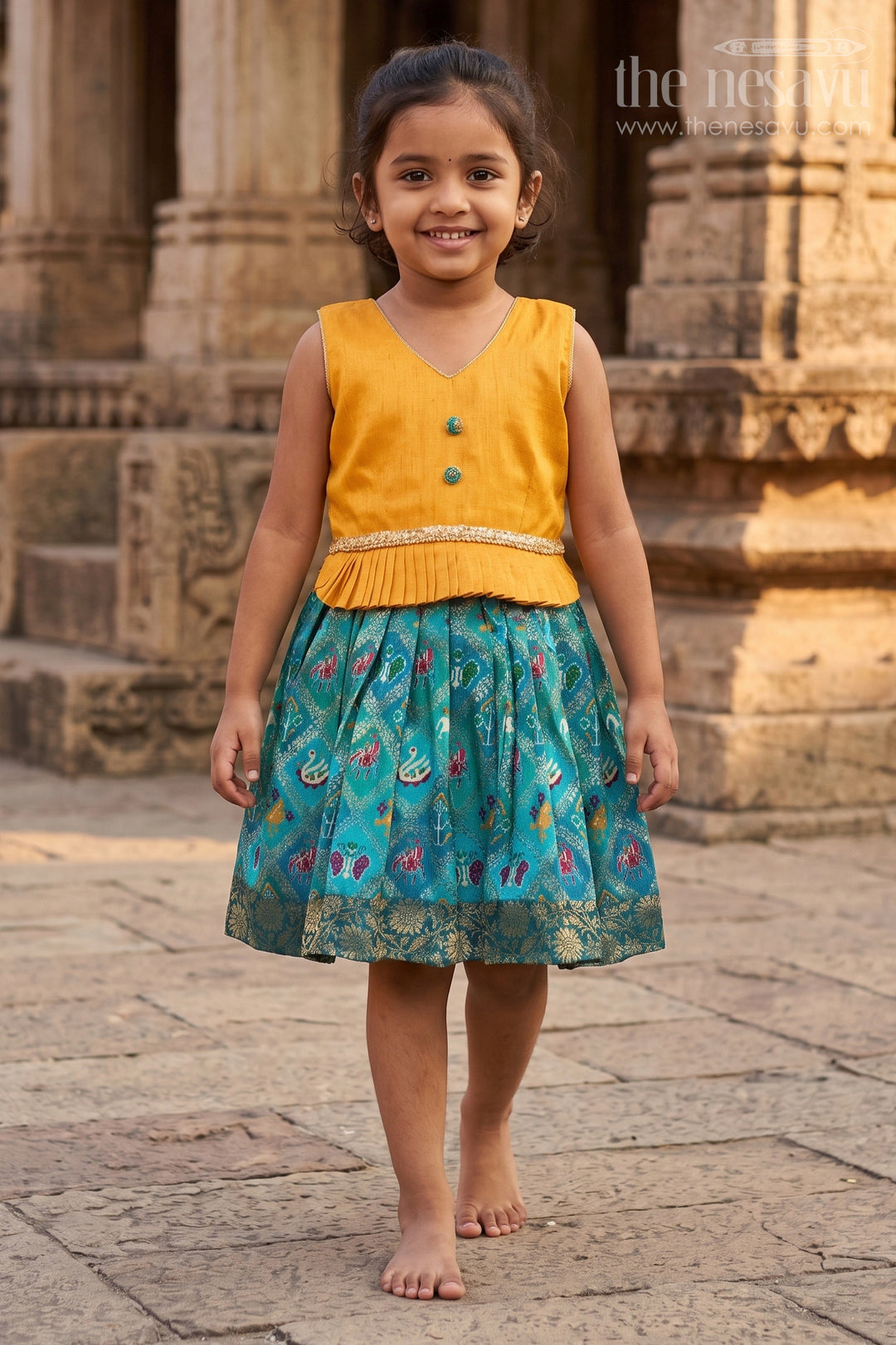 The Nesavu Silk Frock Toddler Girl Silk Frock with Raw Silk Yoke for Temple Visits and Festive Dressing Nesavu 18 (2Y) / Green SF1083A-18 Nesavu toddler girl semi silk frock with raw silk yoke for festive occasions and rituals