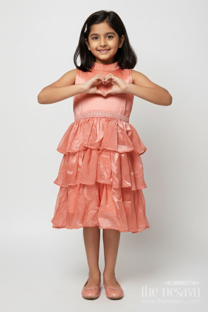 The Nesavu Girls Cotton Frock Toddler Girl Sleeveless Organza Frock for Birthdays and Festive Wear Nesavu 18 (2Y) / Orange GFC2026B-18 Nesavu toddler girl organza frock with ruffles for birthdays and festive occasions