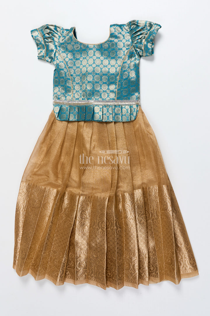 The Nesavu Pattu Pavadai Toddler Girl Tissue Silk Pattu Pavadai with Brocade Blouse and Golden Skirt Nesavu 18 (2Y) / Green GPP348A-18 Nesavu toddler girl tissue silk pattu pavadai with brocade blouse for weddings and celebrations