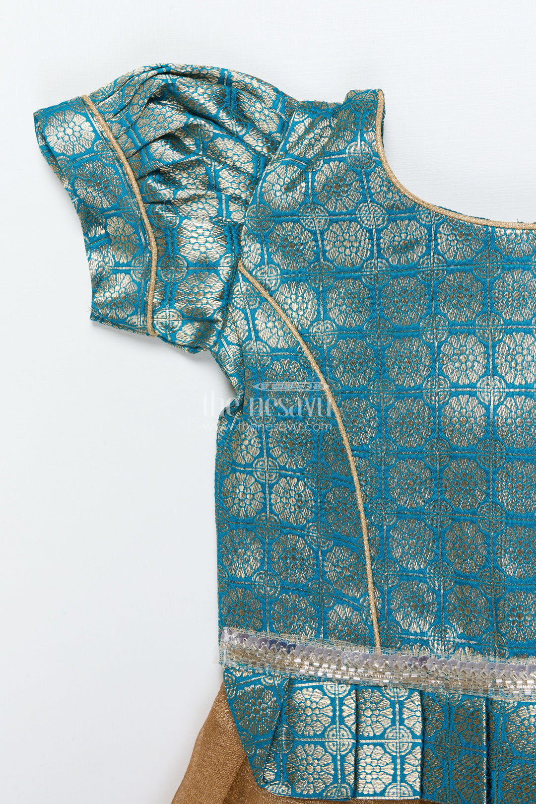 The Nesavu Pattu Pavadai Toddler Girl Tissue Silk Pattu Pavadai with Brocade Blouse and Golden Skirt Nesavu Nesavu toddler girl tissue silk pattu pavadai with brocade blouse for weddings and celebrations