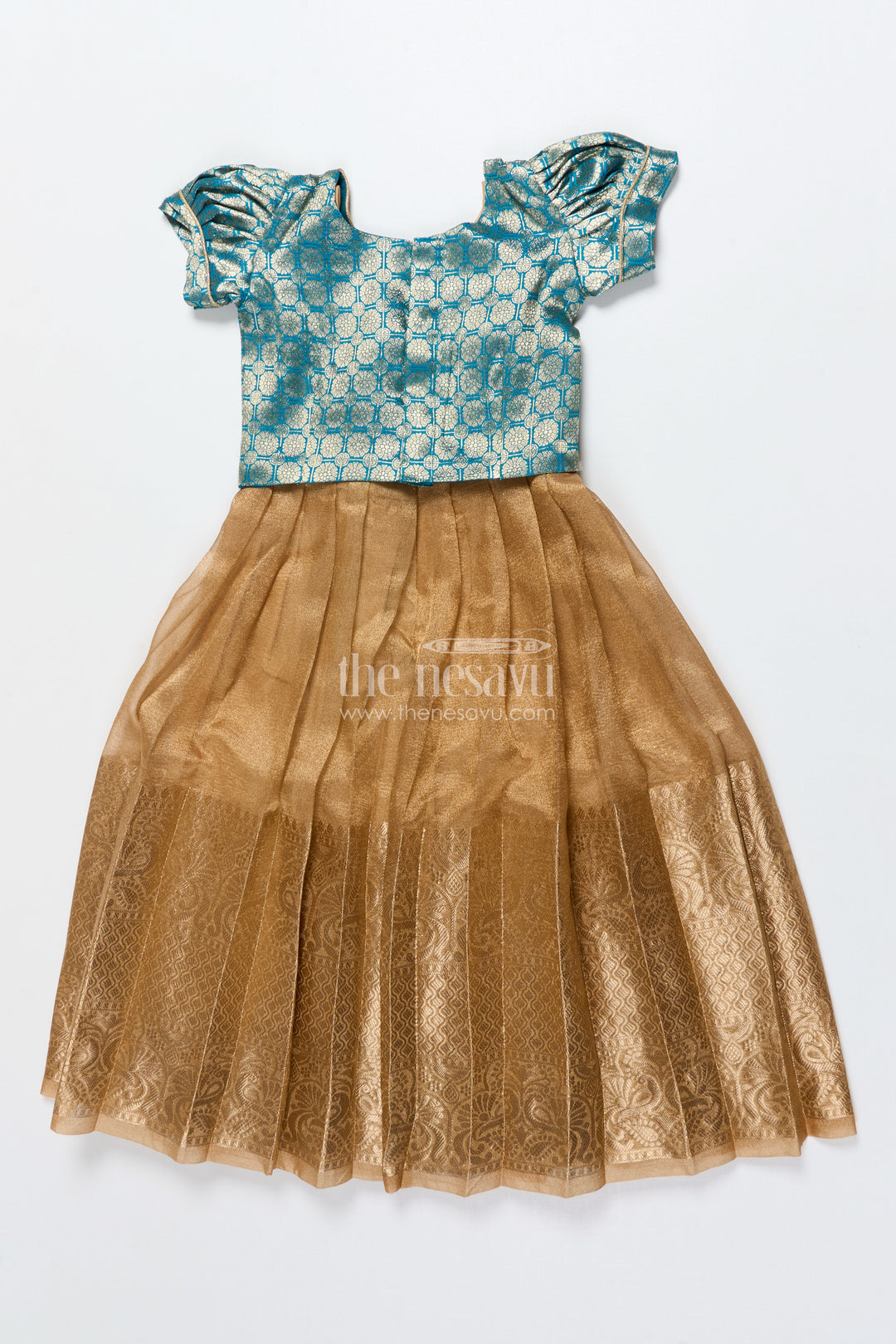 The Nesavu Pattu Pavadai Toddler Girl Tissue Silk Pattu Pavadai with Brocade Blouse and Golden Skirt Nesavu Nesavu toddler girl tissue silk pattu pavadai with brocade blouse for weddings and celebrations