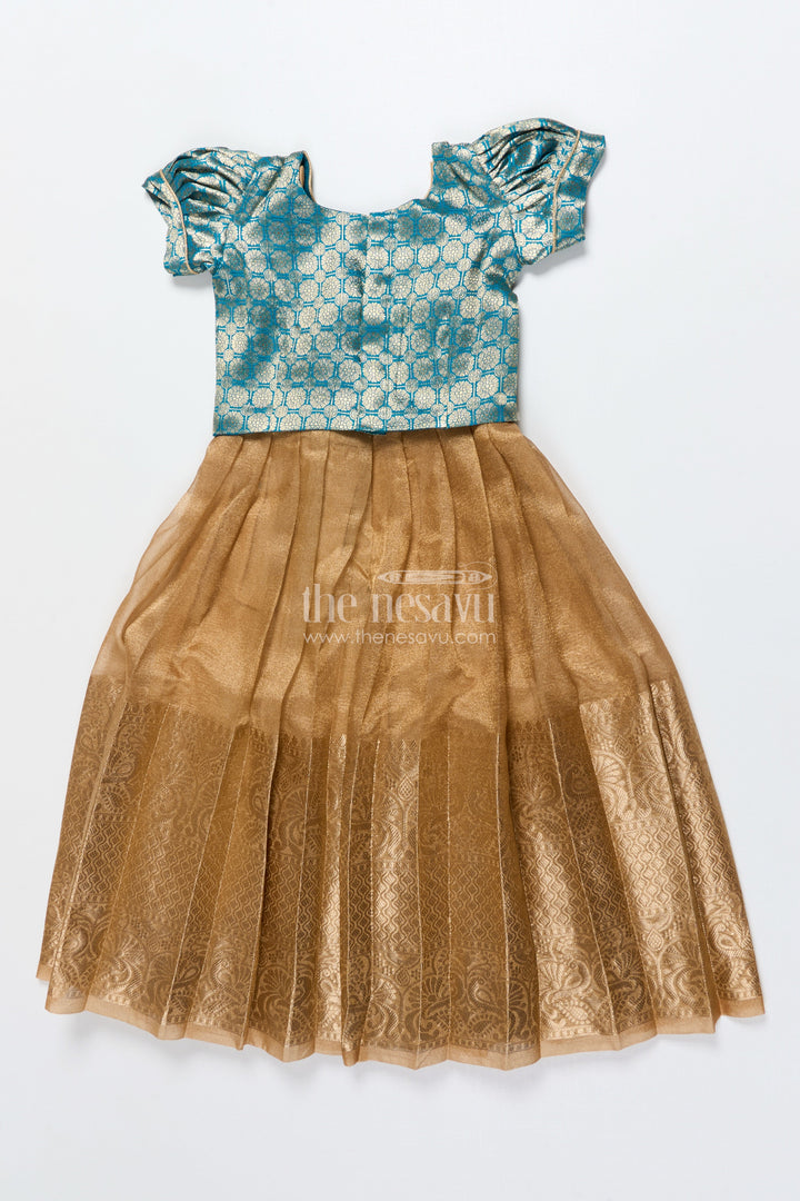 The Nesavu Pattu Pavadai Toddler Girl Tissue Silk Pattu Pavadai with Brocade Blouse and Golden Skirt Nesavu Nesavu toddler girl tissue silk pattu pavadai with brocade blouse for weddings and celebrations