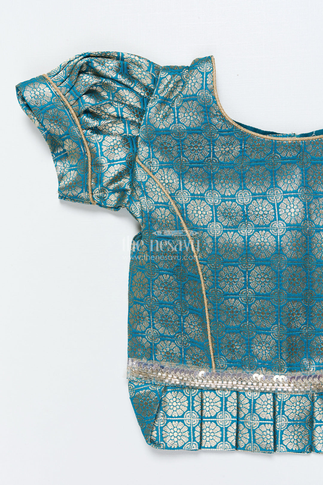 The Nesavu Pattu Pavadai Toddler Girl Tissue Silk Pattu Pavadai with Brocade Blouse and Golden Skirt Nesavu Nesavu toddler girl tissue silk pattu pavadai with brocade blouse for weddings and celebrations