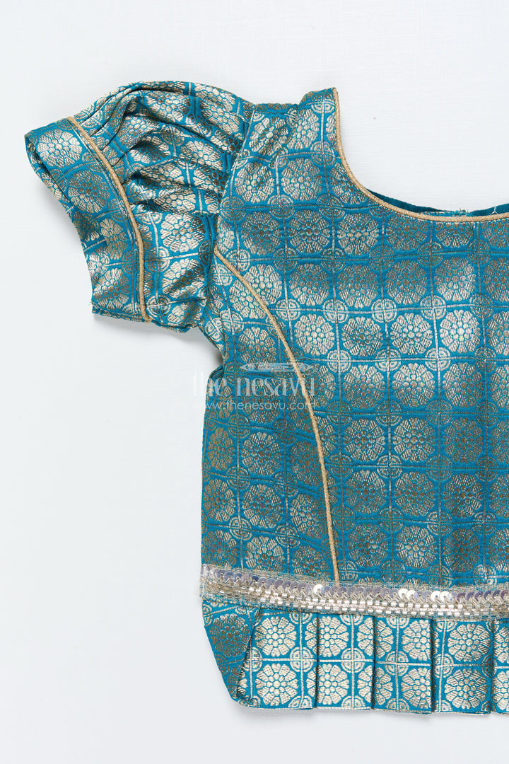 The Nesavu Pattu Pavadai Toddler Girl Tissue Silk Pattu Pavadai with Brocade Blouse and Golden Skirt Nesavu Nesavu toddler girl tissue silk pattu pavadai with brocade blouse for weddings and celebrations