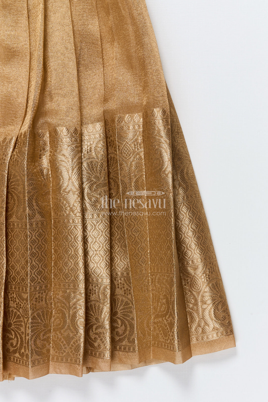 The Nesavu Pattu Pavadai Toddler Girl Tissue Silk Pattu Pavadai with Brocade Blouse and Golden Skirt Nesavu Nesavu toddler girl tissue silk pattu pavadai with brocade blouse for weddings and celebrations