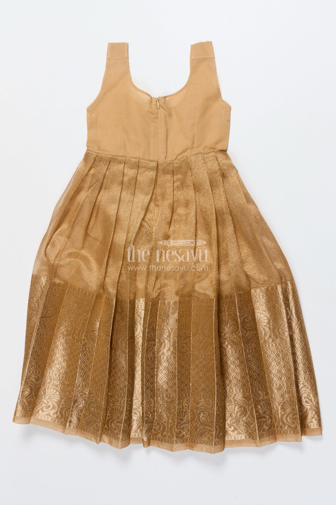 The Nesavu Pattu Pavadai Toddler Girl Tissue Silk Pattu Pavadai with Brocade Blouse and Golden Skirt Nesavu Nesavu toddler girl tissue silk pattu pavadai with brocade blouse for weddings and celebrations
