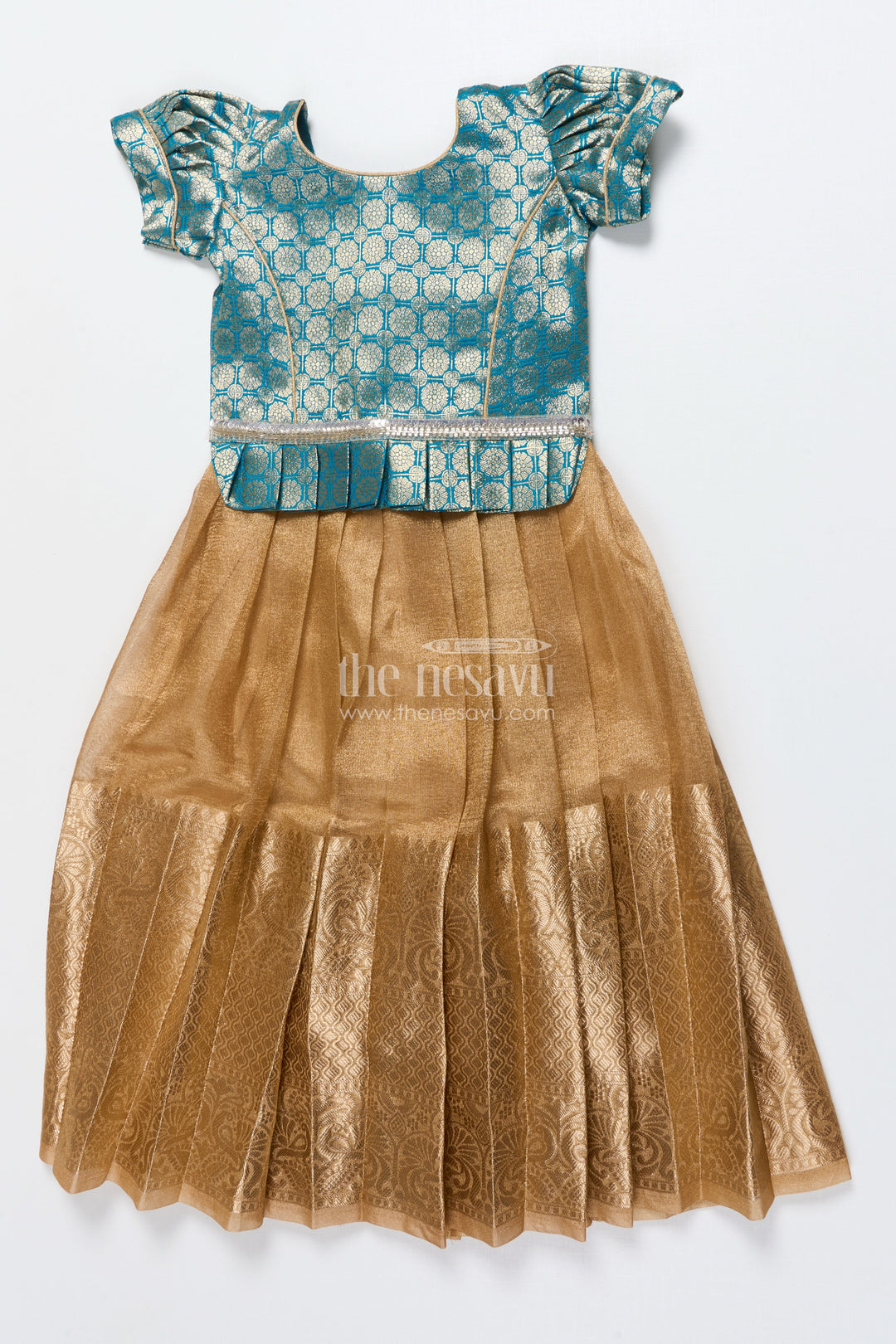 The Nesavu Pattu Pavadai Toddler Girl Tissue Silk Pattu Pavadai with Brocade Blouse and Golden Skirt Nesavu Nesavu toddler girl tissue silk pattu pavadai with brocade blouse for weddings and celebrations