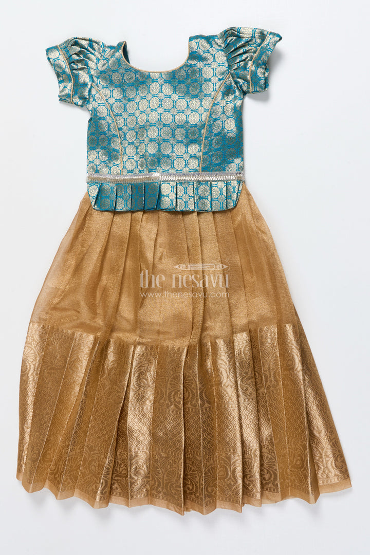 The Nesavu Pattu Pavadai Toddler Girl Tissue Silk Pattu Pavadai with Brocade Blouse and Golden Skirt Nesavu Nesavu toddler girl tissue silk pattu pavadai with brocade blouse for weddings and celebrations