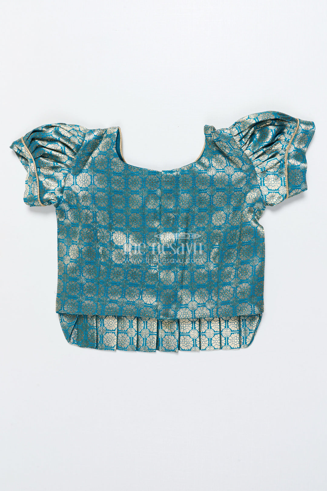 The Nesavu Pattu Pavadai Toddler Girl Tissue Silk Pattu Pavadai with Brocade Blouse and Golden Skirt Nesavu Nesavu toddler girl tissue silk pattu pavadai with brocade blouse for weddings and celebrations