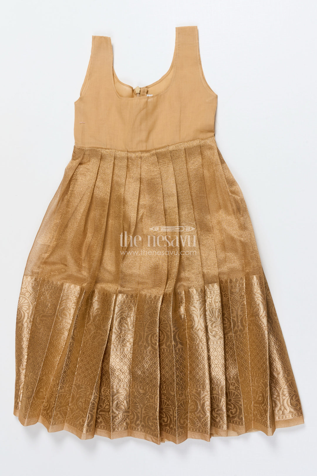 The Nesavu Pattu Pavadai Toddler Girl Tissue Silk Pattu Pavadai with Brocade Blouse and Golden Skirt Nesavu Nesavu toddler girl tissue silk pattu pavadai with brocade blouse for weddings and celebrations