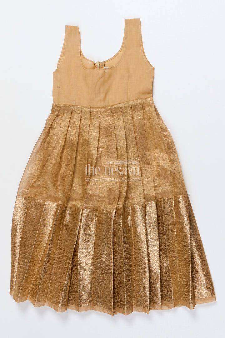 The Nesavu Pattu Pavadai Toddler Girl Tissue Silk Pattu Pavadai with Brocade Blouse and Golden Skirt Nesavu Nesavu toddler girl tissue silk pattu pavadai with brocade blouse for weddings and celebrations