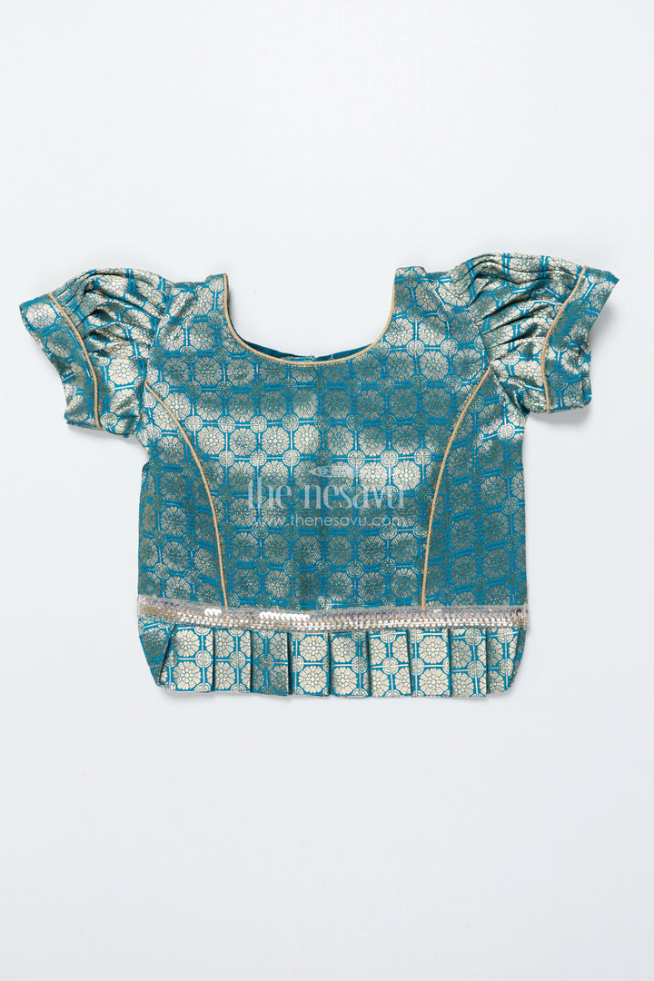 The Nesavu Pattu Pavadai Toddler Girl Tissue Silk Pattu Pavadai with Brocade Blouse and Golden Skirt Nesavu Nesavu toddler girl tissue silk pattu pavadai with brocade blouse for weddings and celebrations
