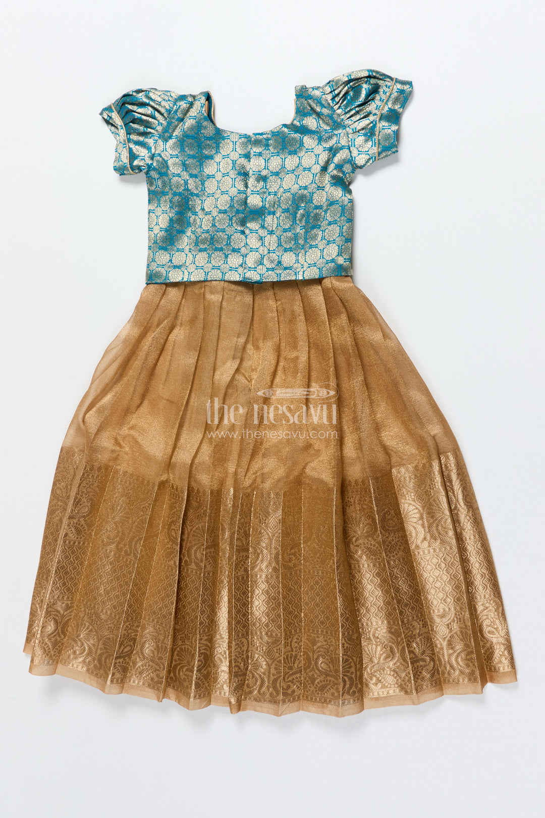 The Nesavu Pattu Pavadai Toddler Girl Tissue Silk Pattu Pavadai with Brocade Blouse and Golden Skirt Nesavu Nesavu toddler girl tissue silk pattu pavadai with brocade blouse for weddings and celebrations