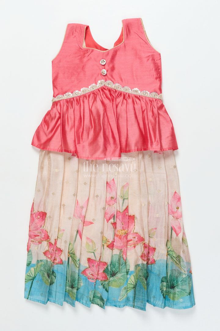 The Nesavu Pattu Pavadai Toddler Girl Traditional Pattu Pavadai with Chanderi Yoke for Cultural Events Nesavu 18 (2Y) / Red GPP345A-18 Nesavu toddler girl pattu pavadai with chanderi yoke and semi Banaras silk skirt for cultural festivities