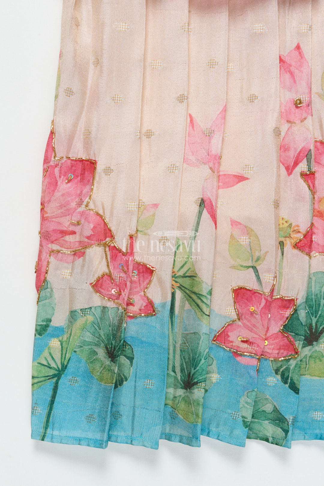 The Nesavu Pattu Pavadai Toddler Girl Traditional Pattu Pavadai with Chanderi Yoke for Cultural Events Nesavu Nesavu toddler girl pattu pavadai with chanderi yoke and semi Banaras silk skirt for cultural festivities