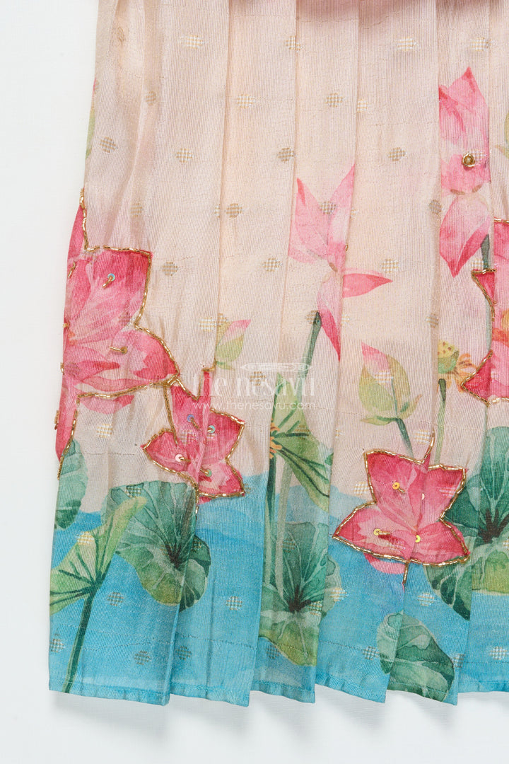 The Nesavu Pattu Pavadai Toddler Girl Traditional Pattu Pavadai with Chanderi Yoke for Cultural Events Nesavu Nesavu toddler girl pattu pavadai with chanderi yoke and semi Banaras silk skirt for cultural festivities