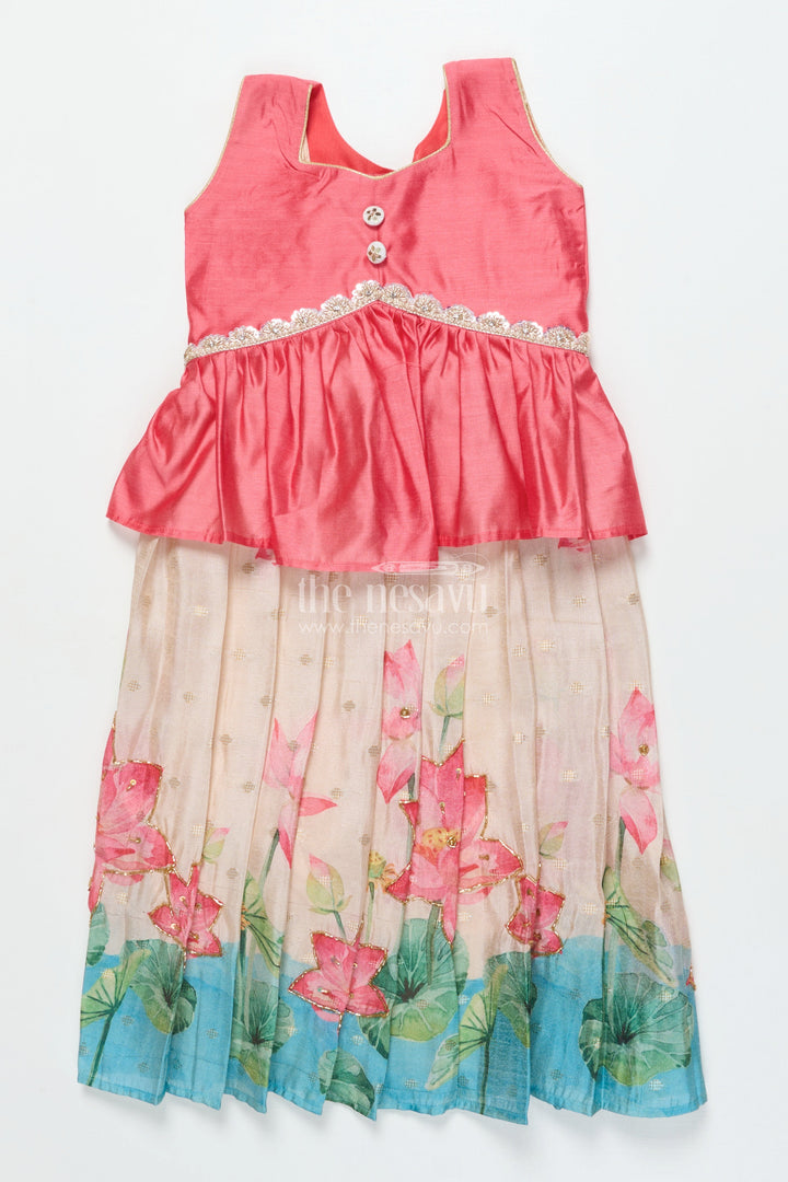 The Nesavu Pattu Pavadai Toddler Girl Traditional Pattu Pavadai with Chanderi Yoke for Cultural Events Nesavu Nesavu toddler girl pattu pavadai with chanderi yoke and semi Banaras silk skirt for cultural festivities