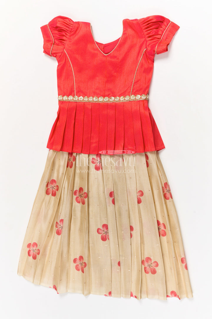 The Nesavu Pattu Pavadai Toddler Girl Traditional Pavadai Set for Special Ethnic Occasions Nesavu 18 (2Y) / Red / Silk Blend GPP356B-18 Nesavu toddler girl traditional pavadai set with digital print skirt and puff sleeve blouse