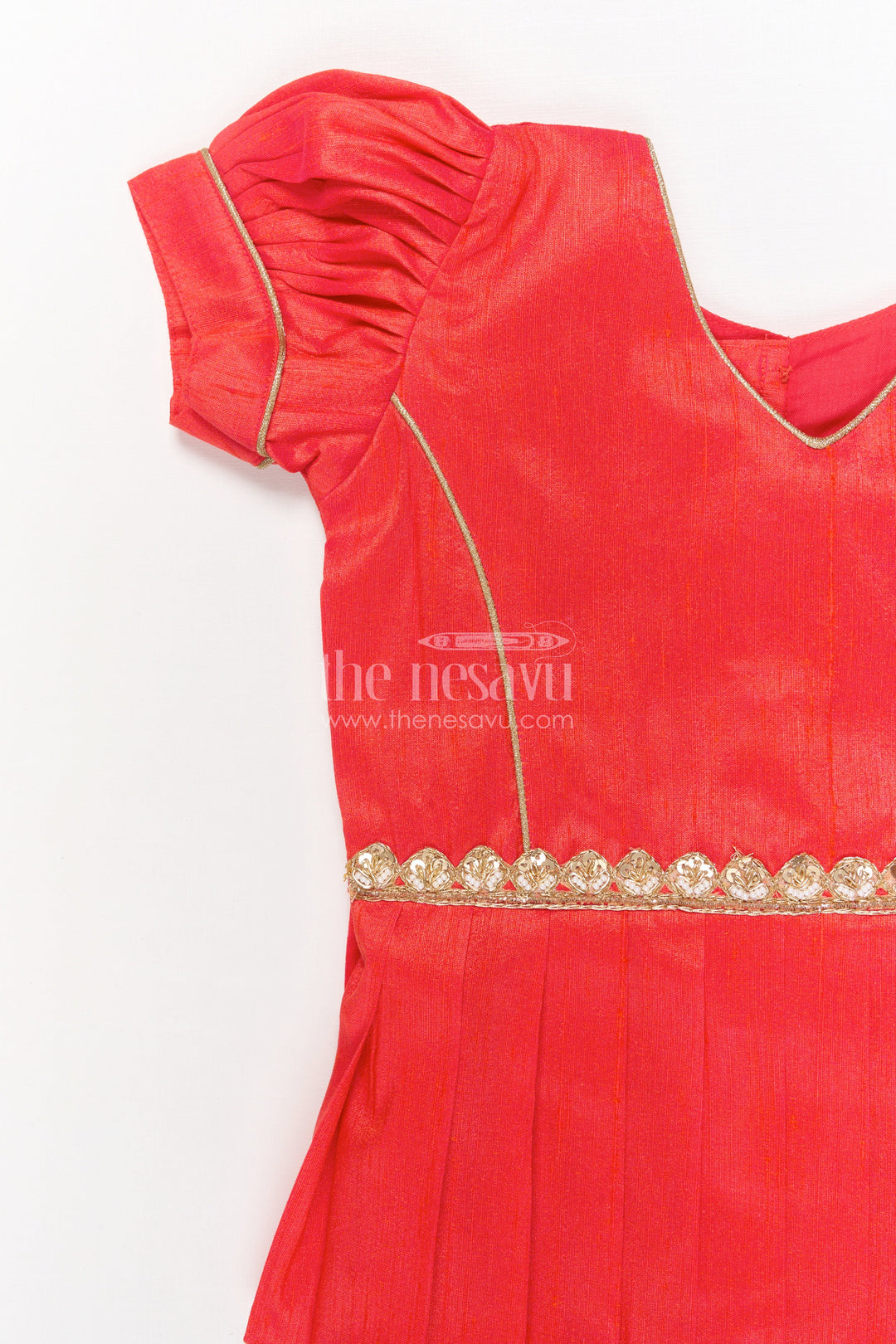 The Nesavu Pattu Pavadai Toddler Girl Traditional Pavadai Set for Special Ethnic Occasions Nesavu Nesavu toddler girl traditional pavadai set with digital print skirt and puff sleeve blouse