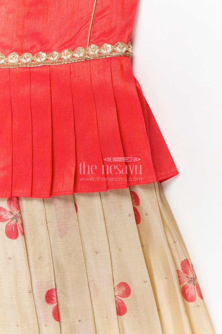 The Nesavu Pattu Pavadai Toddler Girl Traditional Pavadai Set for Special Ethnic Occasions Nesavu Nesavu toddler girl traditional pavadai set with digital print skirt and puff sleeve blouse