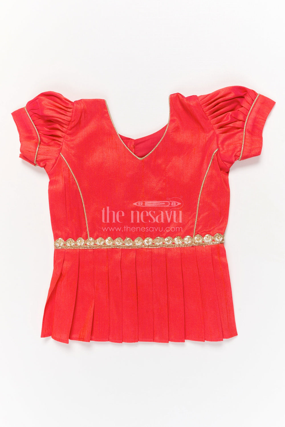 The Nesavu Pattu Pavadai Toddler Girl Traditional Pavadai Set for Special Ethnic Occasions Nesavu Nesavu toddler girl traditional pavadai set with digital print skirt and puff sleeve blouse