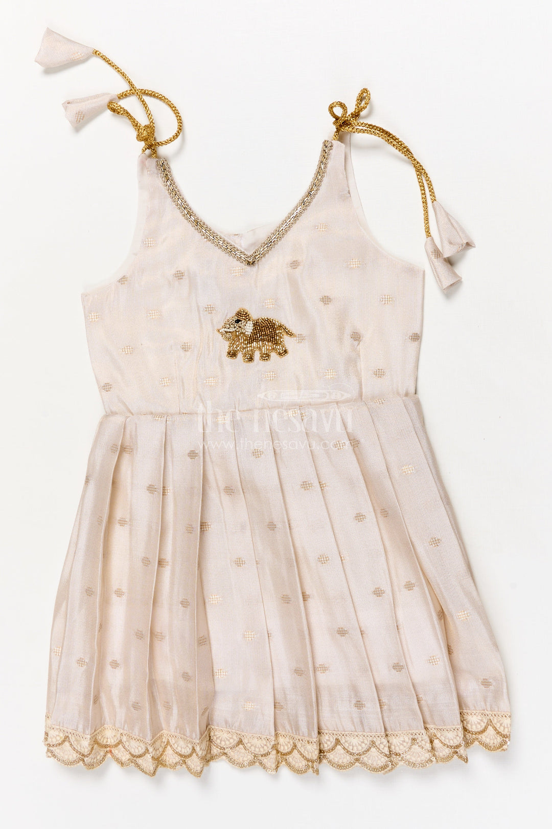 The Nesavu Tie-up Frock Toddler Girl Traditional Tie-up Frock for Festive Occasions Nesavu 16 (1Y) / Cream / Silk Blend T422B-16 Nesavu toddler girl traditional frock with tie-up straps and Banaras silk for festive functions