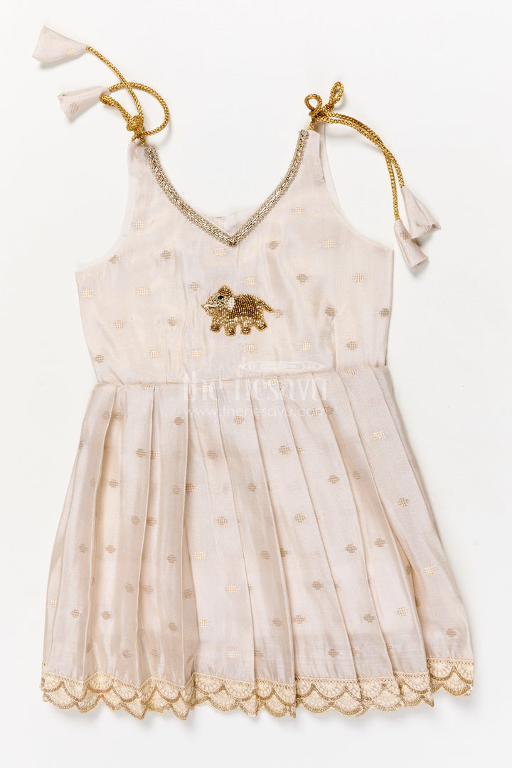 The Nesavu Tie-up Frock Toddler Girl Traditional Tie-up Frock for Festive Occasions Nesavu 16 (1Y) / Cream / Silk Blend T422B-16 Nesavu toddler girl traditional frock with tie-up straps and Banaras silk for festive functions