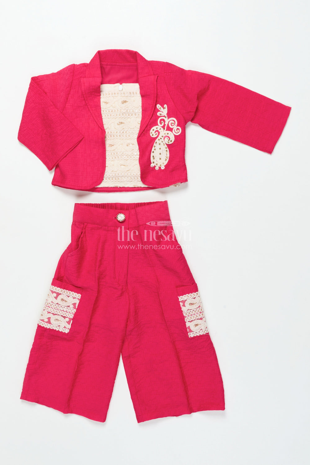 The Nesavu Girls Co-Ord Sets Toddler Girls Co-Ord Set with Thread Embroidery for Festive Occasions Nesavu 16 (1Y) / Pink GPS645B-16 Nesavu toddler girls co-ord set thread embroidery ethnic day celebrations