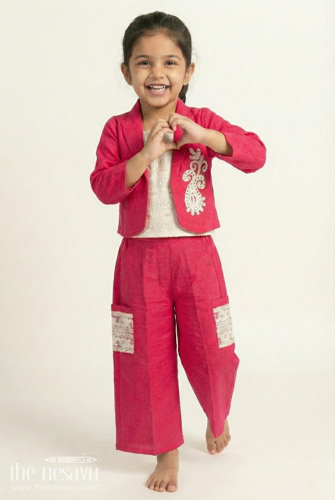 The Nesavu Girls Co-Ord Sets Toddler Girls Co-Ord Set with Thread Embroidery for Festive Occasions Nesavu 16 (1Y) / Pink GPS645B-16 Nesavu toddler girls co-ord set thread embroidery ethnic day celebrations