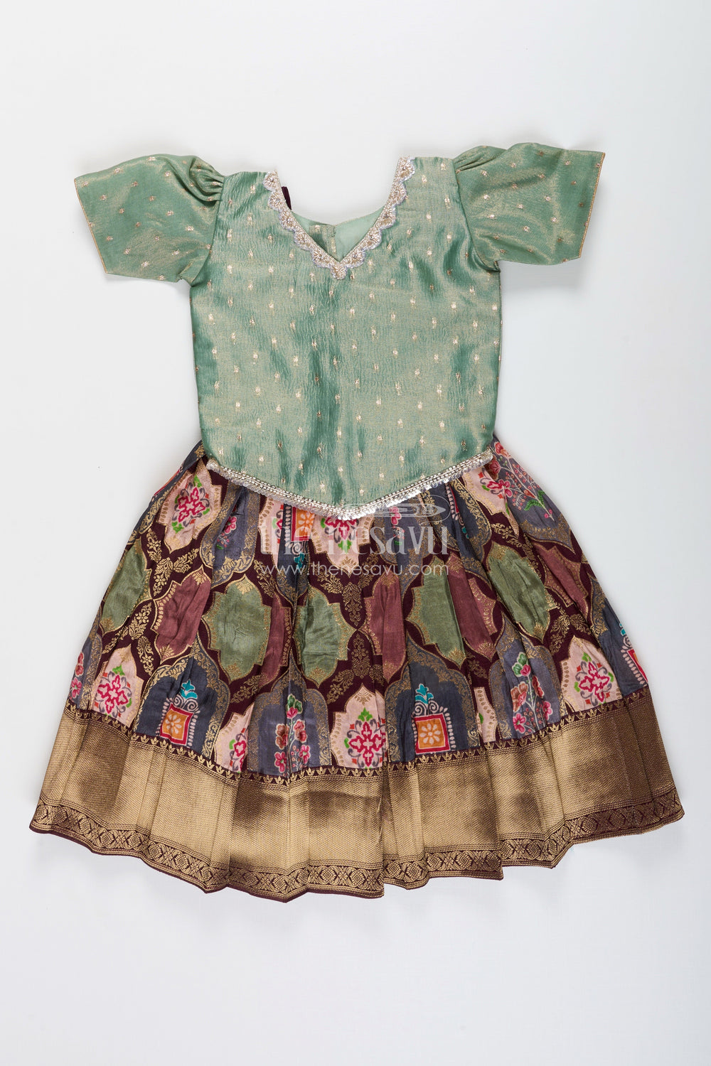 The Nesavu Pattu Pavadai Toddler pattu pavadai for family weddings and poojas Nesavu 16 (1Y) / Green GPP324B-16 Nesavu toddler pattu pavadai Banaras skirt tissue yoke festive family events