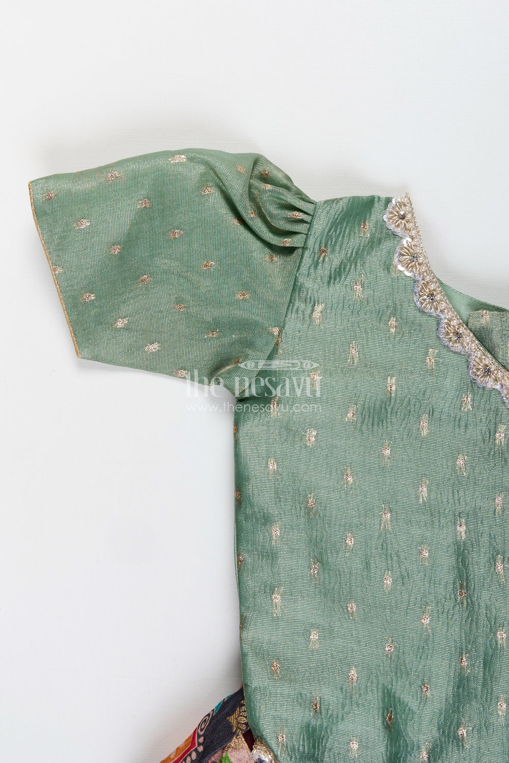 The Nesavu Pattu Pavadai Toddler pattu pavadai for family weddings and poojas Nesavu Nesavu toddler pattu pavadai Banaras skirt tissue yoke festive family events