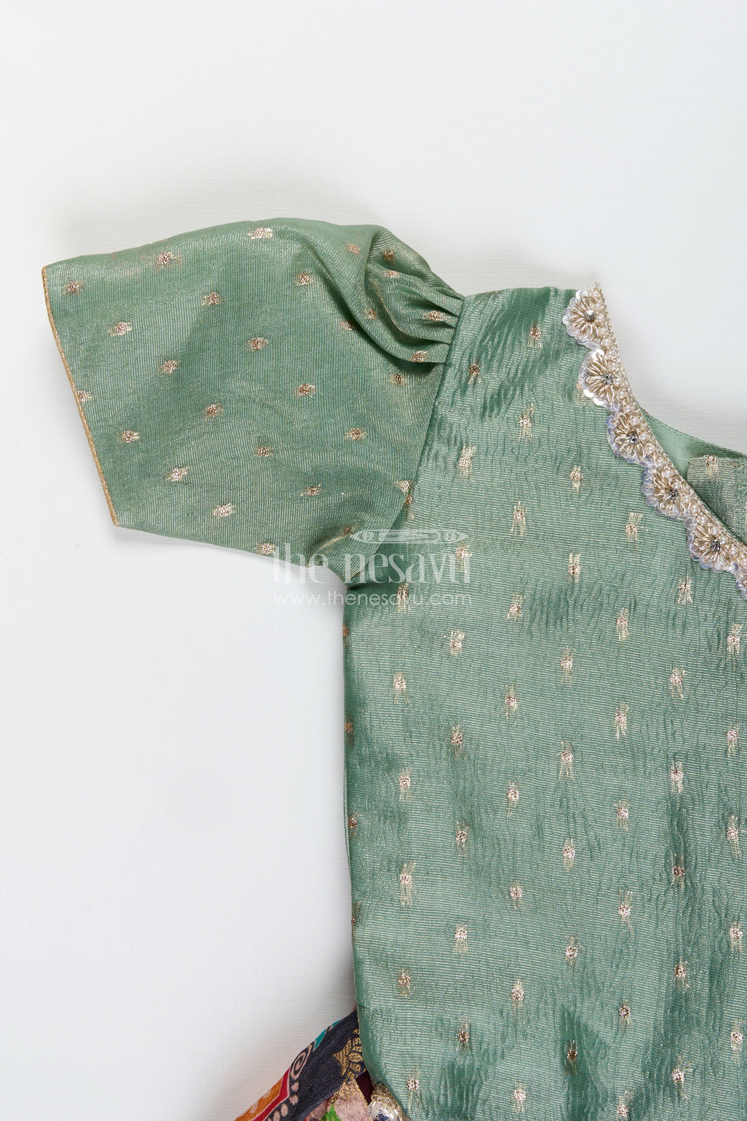 The Nesavu Pattu Pavadai Toddler pattu pavadai for family weddings and poojas Nesavu Nesavu toddler pattu pavadai Banaras skirt tissue yoke festive family events