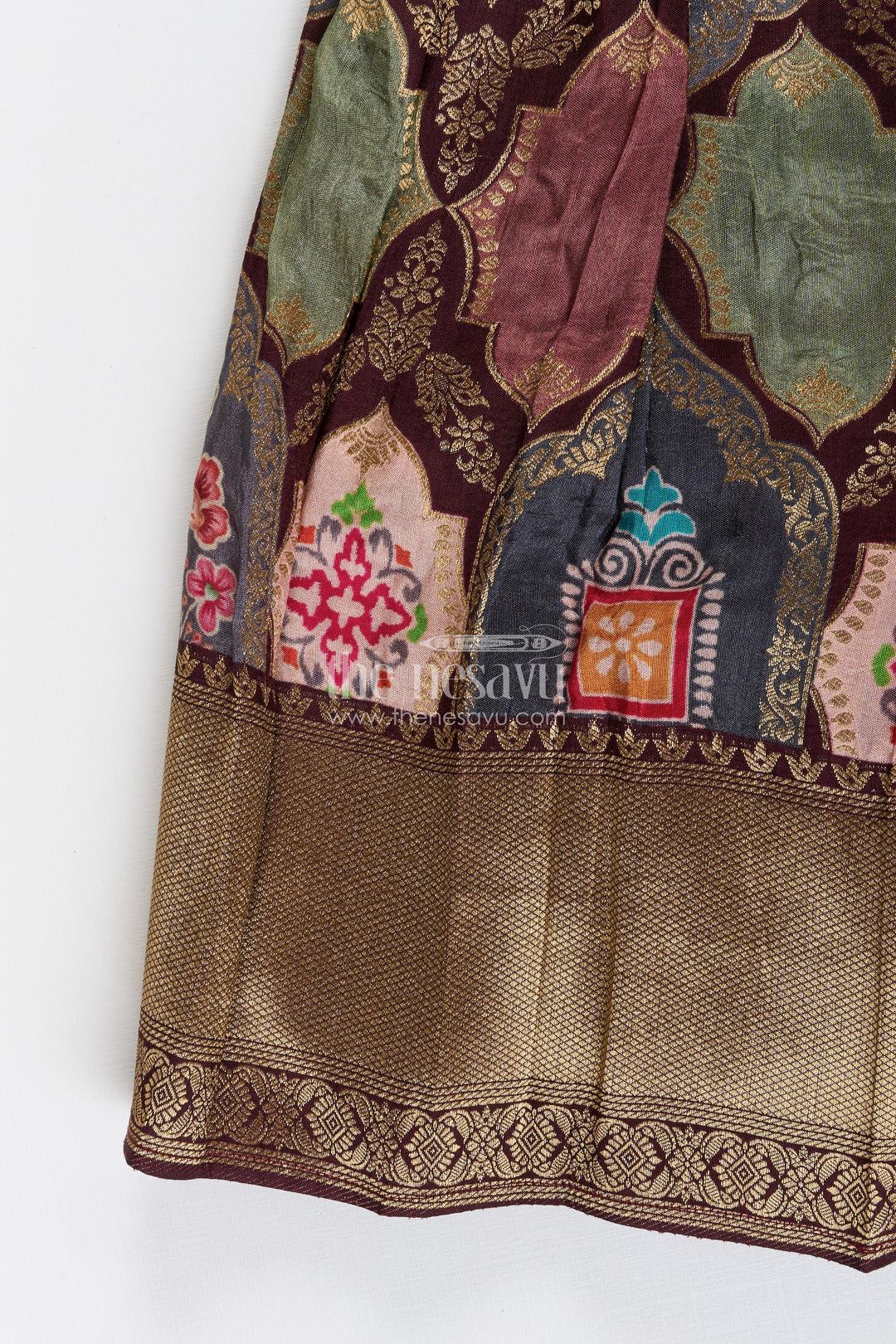 The Nesavu Pattu Pavadai Toddler pattu pavadai for family weddings and poojas Nesavu Nesavu toddler pattu pavadai Banaras skirt tissue yoke festive family events