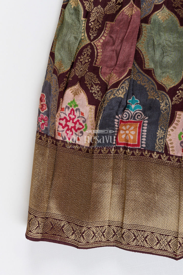 The Nesavu Pattu Pavadai Toddler pattu pavadai for family weddings and poojas Nesavu Nesavu toddler pattu pavadai Banaras skirt tissue yoke festive family events